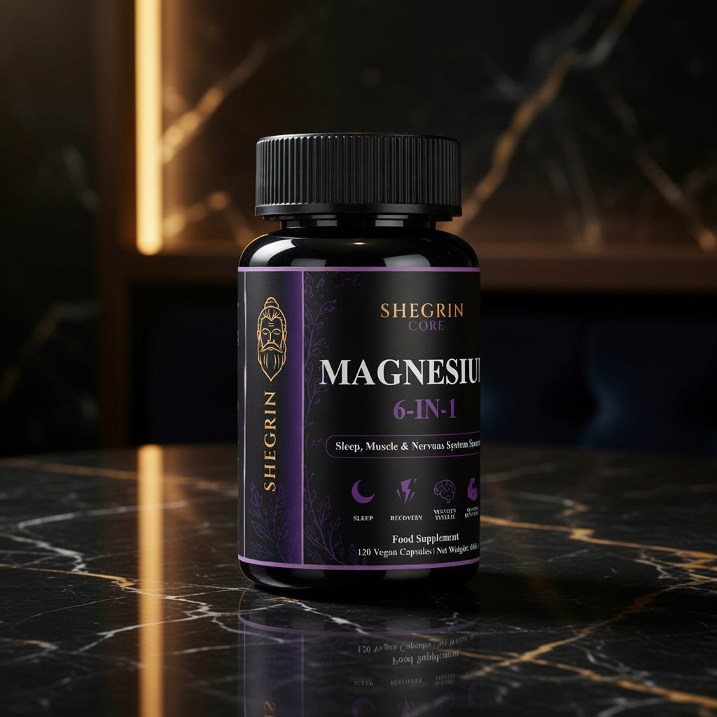 A bottle of Shegrin Energy Magnesium 6-in-1 food supplement, featuring a black bottle and cap with a dark purple label, set on a polished black marble surface with a blurred dark background.