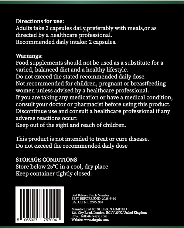 Back of a supplement box with black text on a white background, showing directions for use, warnings, storage conditions, a barcode, and manufacturer details for Fergibern Limited.