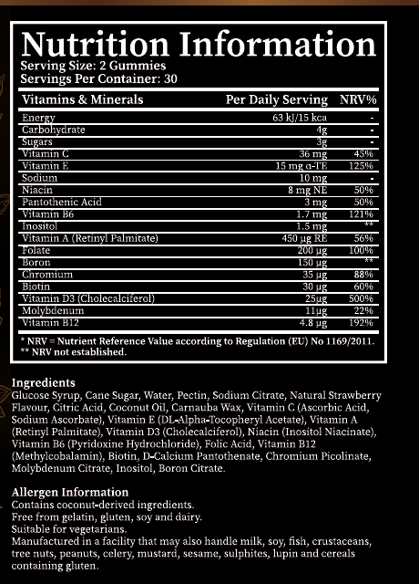 A black rectangular Nutrition Information label with white text, showing serving size, calories, nutrients, ingredients list, and allergen information for a gummy supplement product.