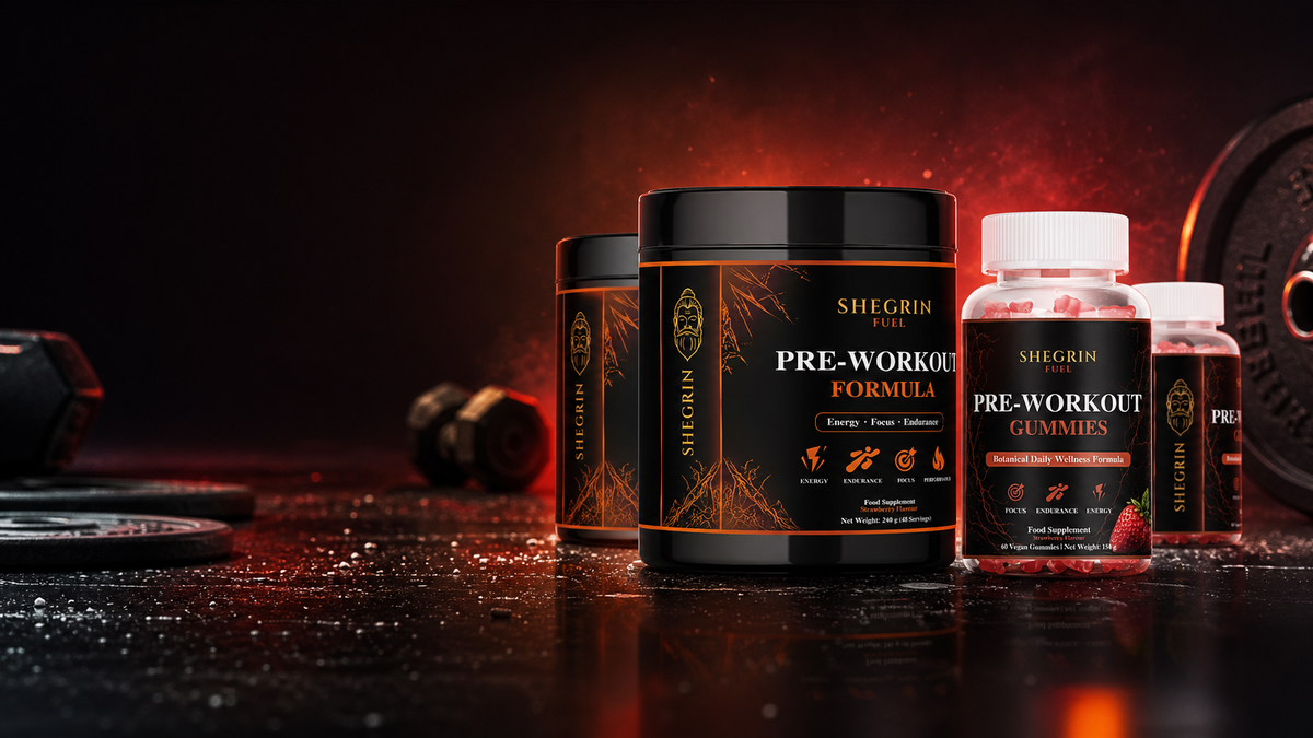 SHEGRIN Pre-Workout Formula supplement set including a black tub and two bottles of gummies, styled on a dark wet surface with red dramatic lighting and gym equipment in the background.