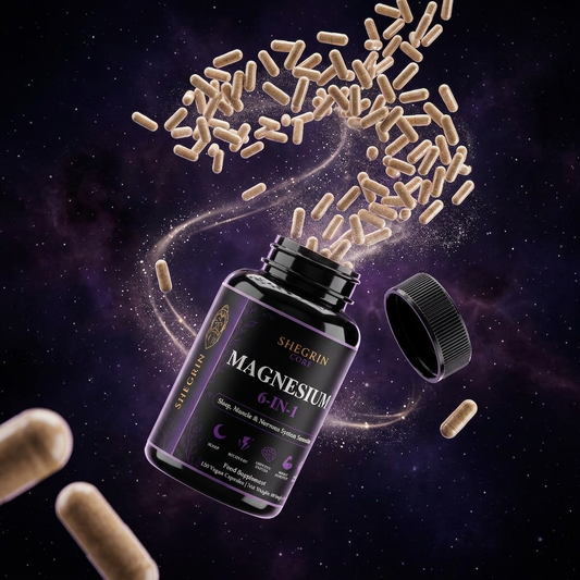 A bottle of Shegrain Labs Magnesium 6-in-1 supplements floating against a dark purple starry space background, with capsules bursting out of the open bottle and additional capsules floating around it.
