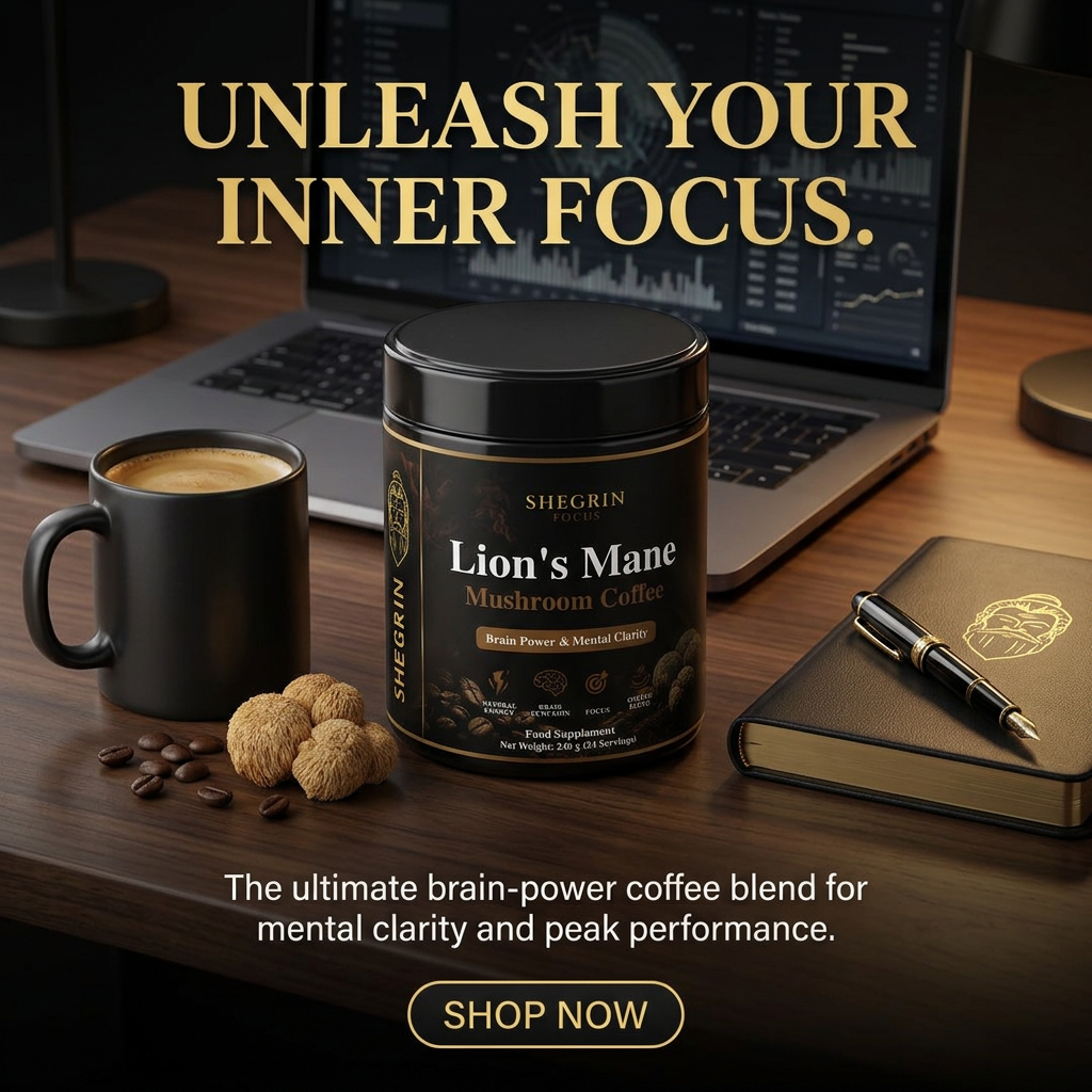 A black canister of Shegrin Lion's Mane Mushroom Coffee sits on a wooden desk beside a black coffee mug, coffee beans, walnuts, a laptop, and a notebook with a pen. Large gold text reads 'UNLEASH YOUR INNER FOCUS.