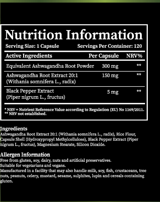A black nutrition information label for a capsule product, showing serving size, active ingredients including ashwagandha root powder, ashwagandha root extract 20:1, and black pepper extract, with ingredients and allergen information below on a black background.