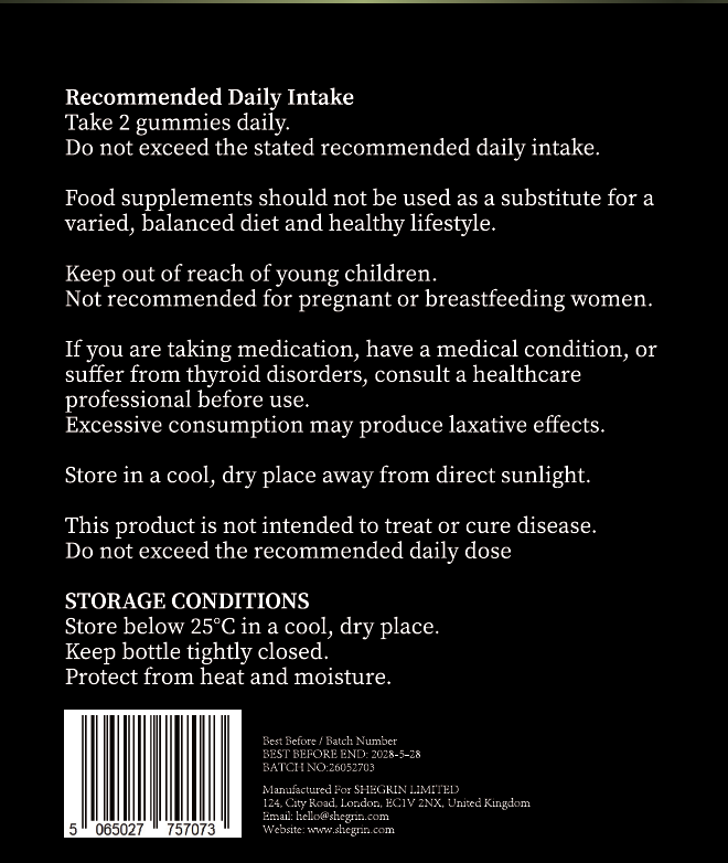 Back of a dietary supplement bottle on a black background, showing recommended daily intake, storage conditions, warnings, and a barcode with manufacturer details.