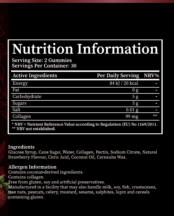 A Nutrition Information label and ingredients list for a gummy supplement container. The label shows serving size 2 gummies per container with 30 servings, and lists ingredients such as glucose syrup, cane sugar, water, collagen, pectin, sodium citrate, natural strawberry flavour, citric acid, coconut oil, and carnauba wax.