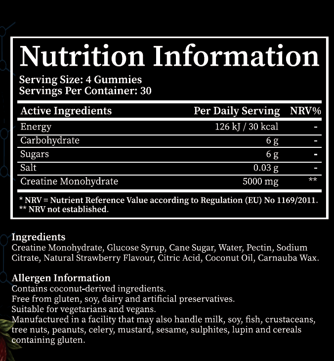A black Nutrition Information label with white text detailing the serving size, calories, and ingredients of a gummy supplement container.