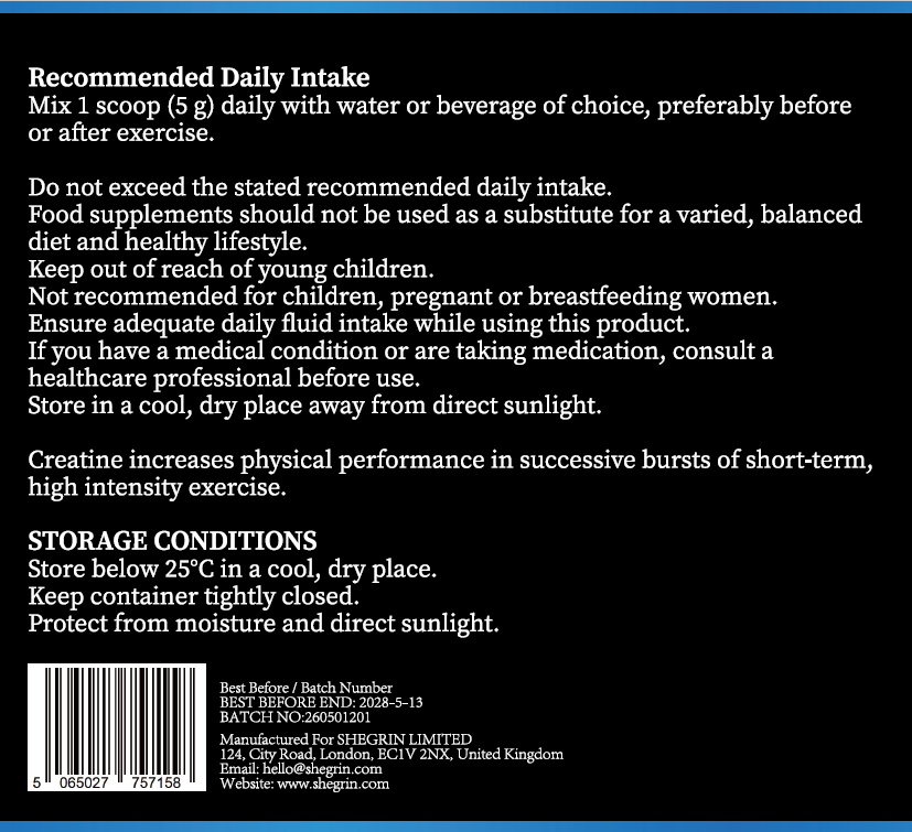 Black information panel with white text detailing daily intake and storage conditions for a mixed powder product. Includes usage instructions, daily scoop recommendation, warnings, and manufacturer contact details for Heiloo by SUGIN LIMITED.