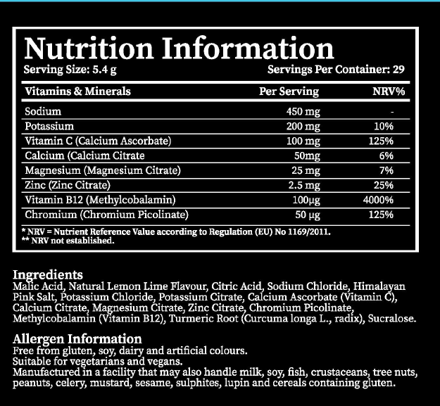 A black nutrition facts label with white text showing serving size, nutrients, ingredients, and allergen information for a food product.