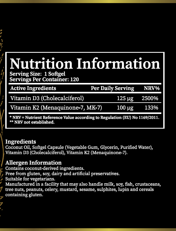 A Nutrition Information label and ingredients list for a supplement product on a black background. The label shows serving size 1 Softgel, servings per container 120, active ingredients Vitamin D3 and Vitamin K2 with per daily serving amounts and NRV values, plus allergen information.