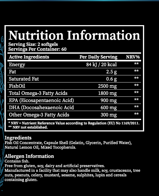 A digital graphic of a white Nutrition Information label with black text, detailing the ingredients and daily serving values of a fish oil supplement.