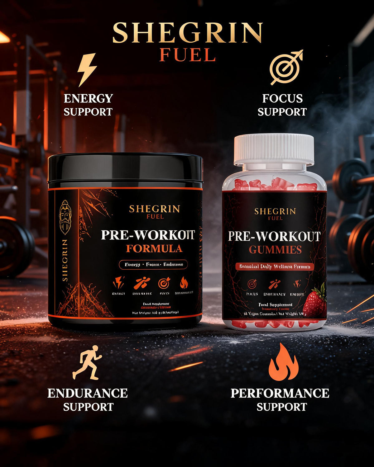 Shegrin Fuel pre-workout formula jar and gummies bottle displayed together on a dark gym background with workout icons and text highlighting energy, focus, endurance, and performance support.