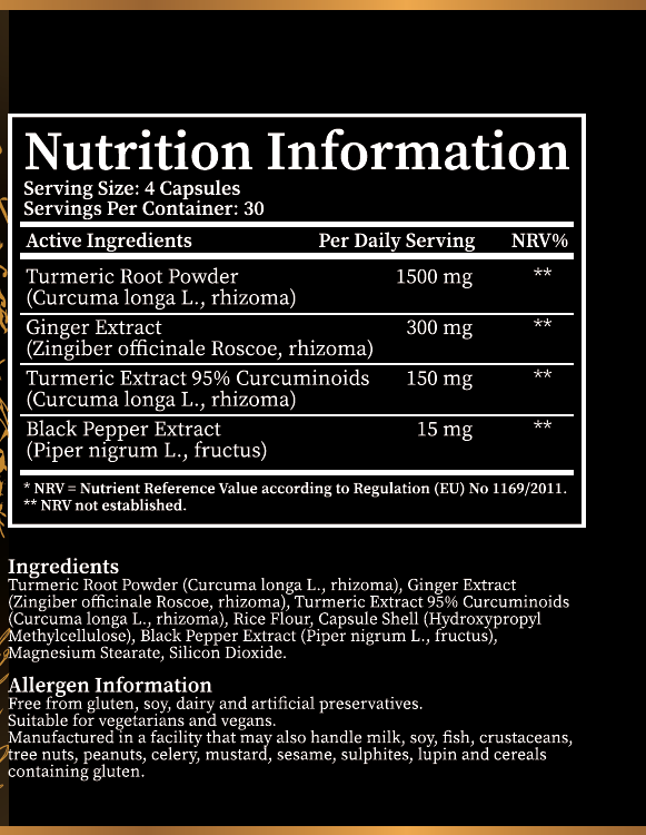 A black rectangular Nutrition Information label with white text, showing serving size, active ingredients, ingredients list, and allergen information for a rhizoma extract product.