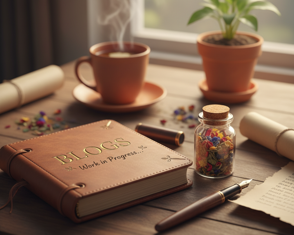 Brown leather notebook with 'Blogs Work in Progress' on a wooden table with a cup of tea, plant, and jar.