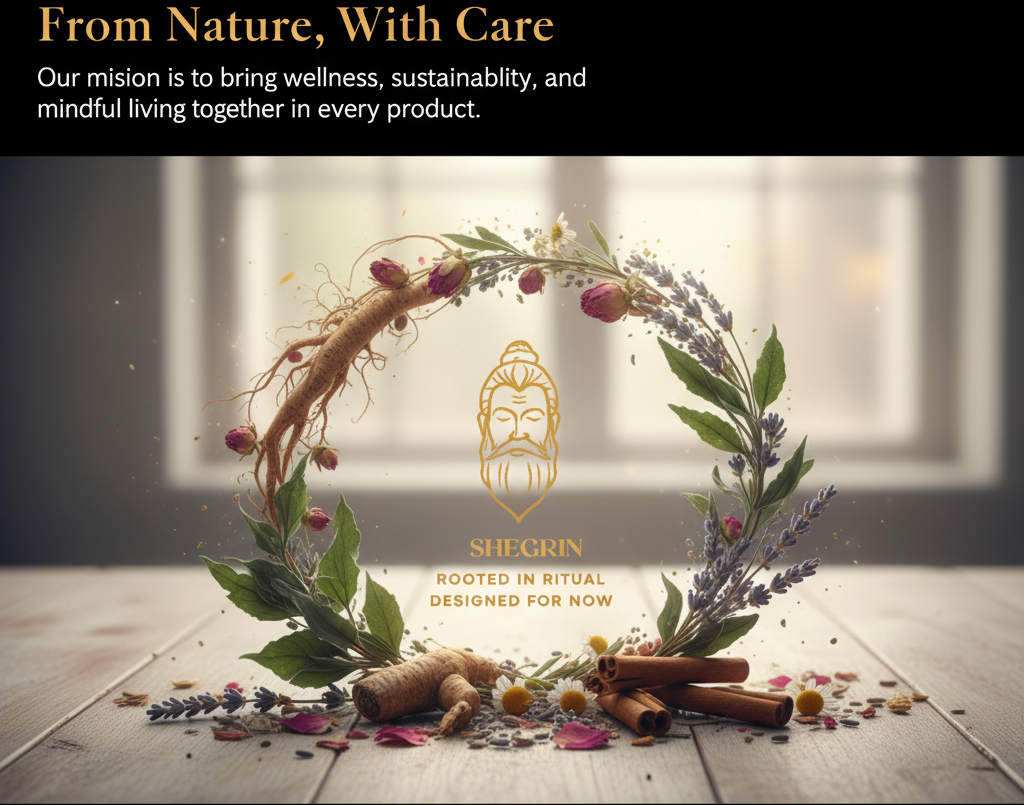 Decorative wreath with natural elements on a wooden surface, featuring the brand 'SHEGRIN'.